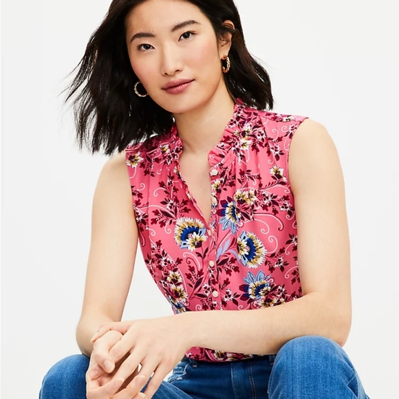 Loft Floral Sleveless Ruffle Shell XXS - Picture 2 of 8